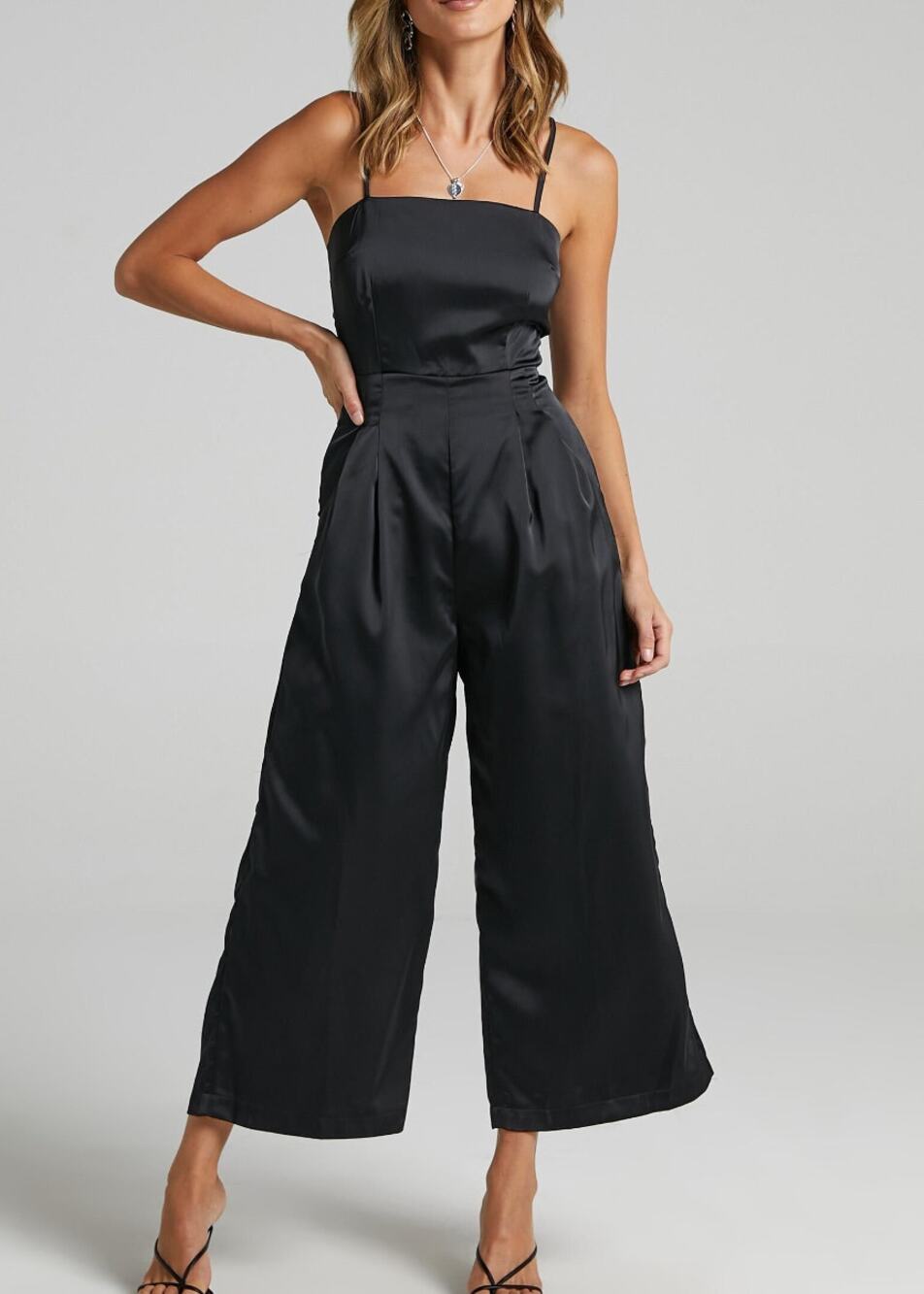 Showpo Daisy Black Satin Tie Back Sleeveless Wide Leg Jumpsuit Size 4